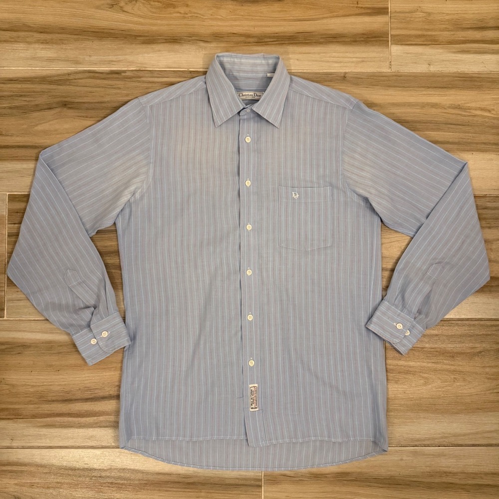 Christian Dior Chemises Mens Vintage Striped Button Down Shirt Blue 15 34/35